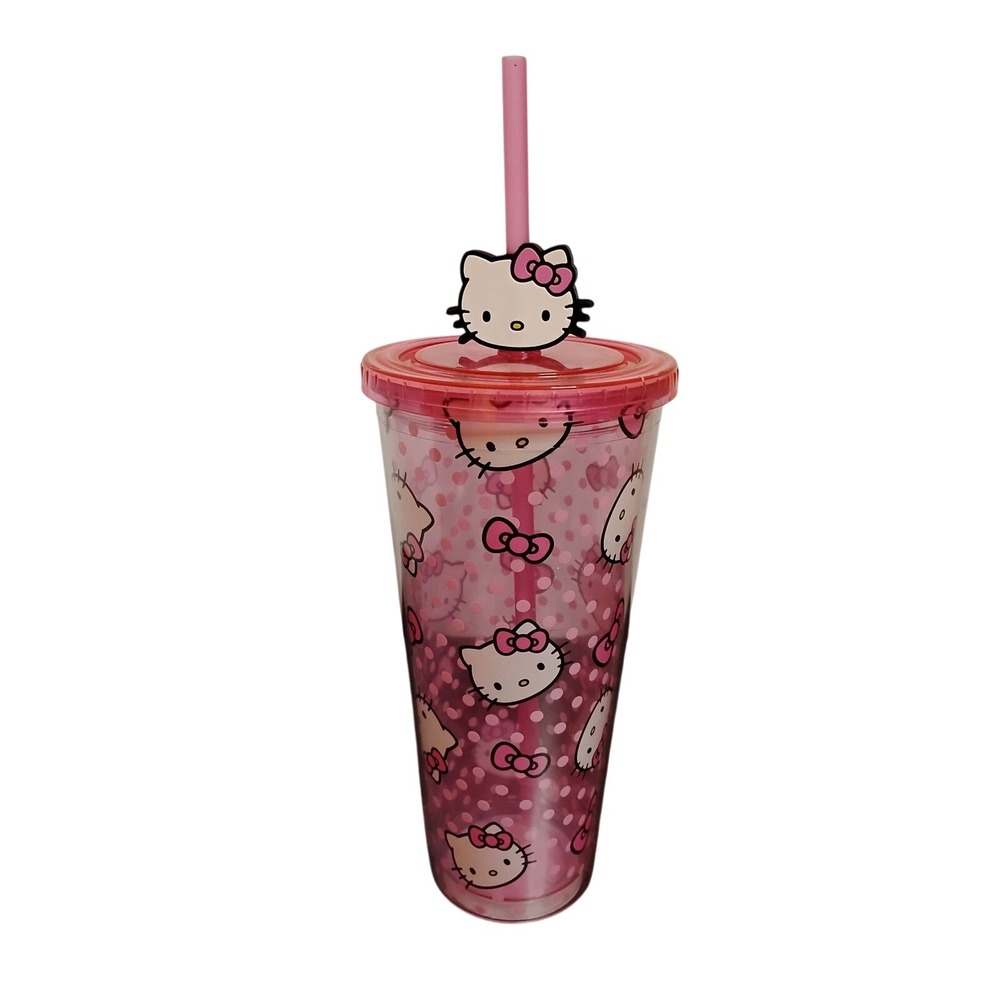 Sanrio Hello Kitty Pink Polka Dot Double Wall Tumbler with Straw Topper 24oz